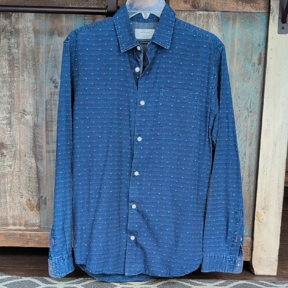 Jack & Jones Button Down Shirt w/ Faded Stripes Stitched Dots - Men's Small